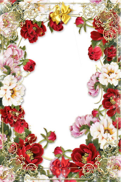 Flowers Picture Frame With Golden Floral Border Images PNG Images